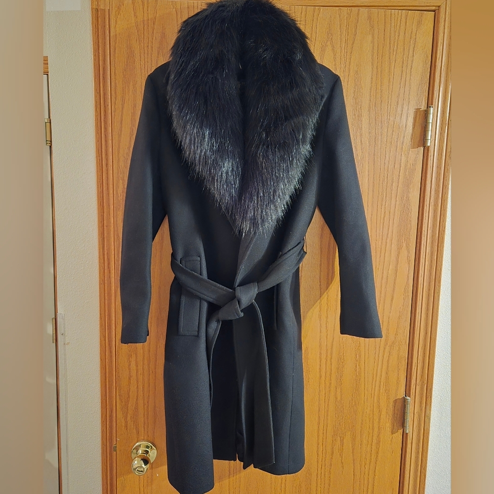 Zara Black Wool Coat with Faux Fur Collar